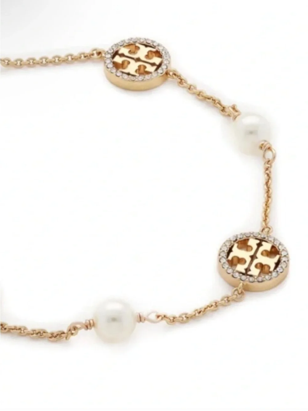 Tory Burch Miller Pearl Crystal Logo Station Bracelet Gold Bracelet NEW $129